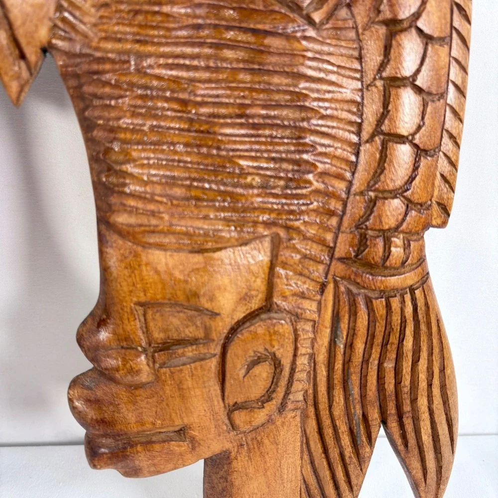 Vintage 70's Hand Carved Wood Wall Art Brown Pair Face Fish Tribal Folk Art MCM